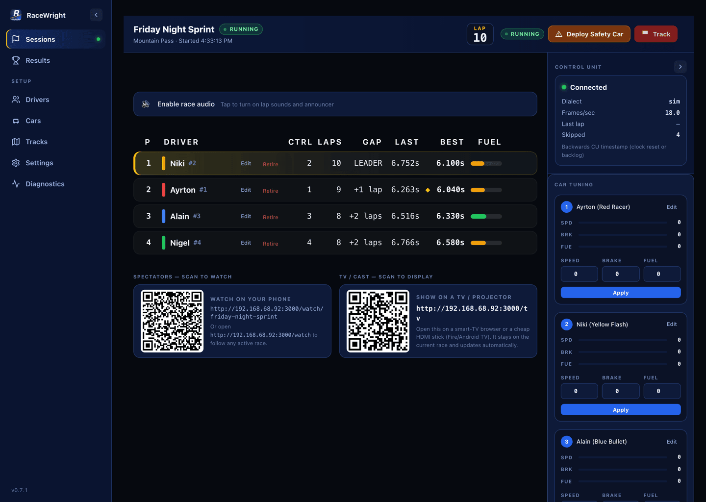 RaceWright race-control screen — live leaderboard, control-unit status and flag controls during a running race